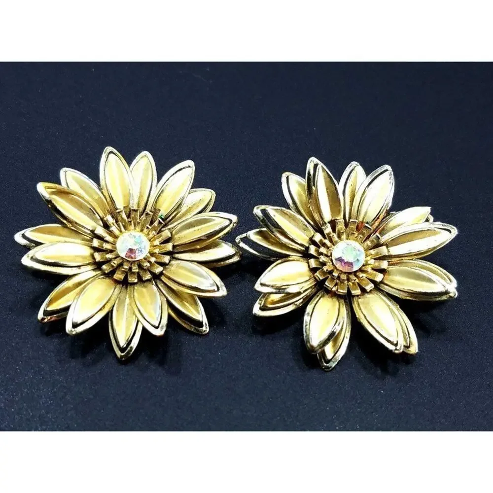 Vintage 1960s Gold Flower Clip Earrings Aurora Borealis Rhinestone